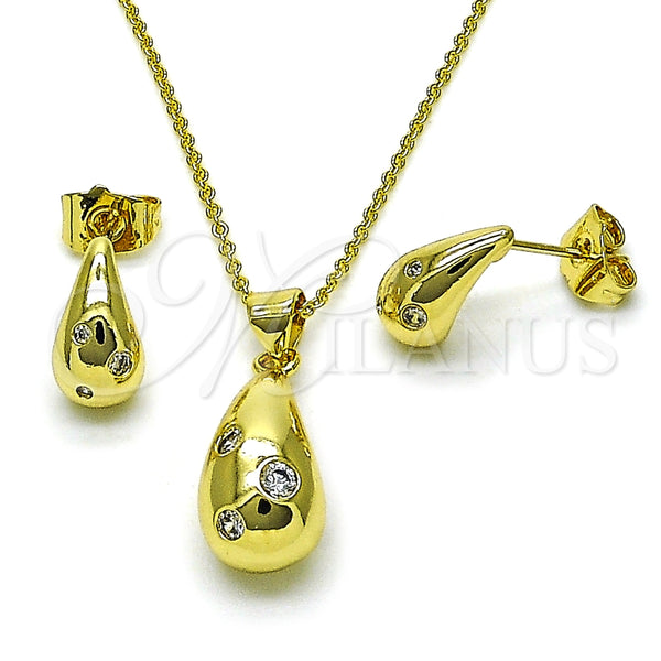 Juego de Arete y Dije de Adulto 10.156.0502 Oro Laminado, Diseño de Gota, con Blanca Zirconia Cubica, Pulido, Tono Dorado