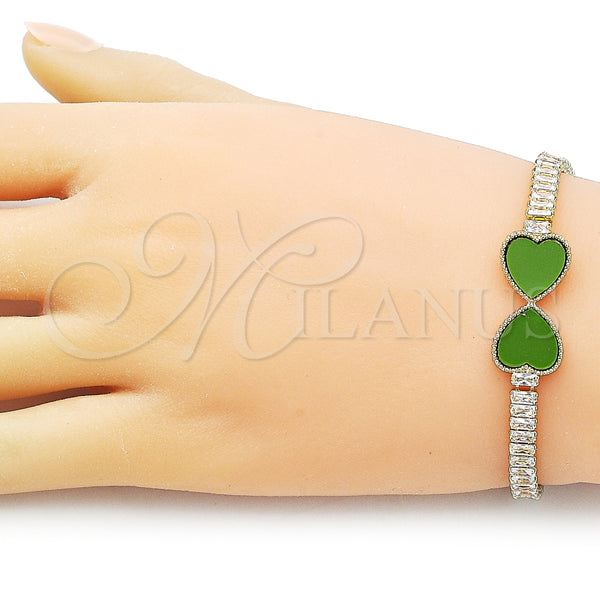 Pulsera Elegante 03.284.0050.07 Oro Laminado, Diseño de Corazón y Baguette, con Verde Claro Madre Perla and Blanca Zirconia Cubica, Pulido, Tono Dorado (05 MM Thickness, 7 Inches Length)