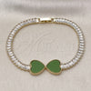 Pulsera Elegante 03.284.0050.07 Oro Laminado, Diseño de Corazón y Baguette, con Verde Claro Madre Perla and Blanca Zirconia Cubica, Pulido, Tono Dorado (05 MM Thickness, 7 Inches Length)