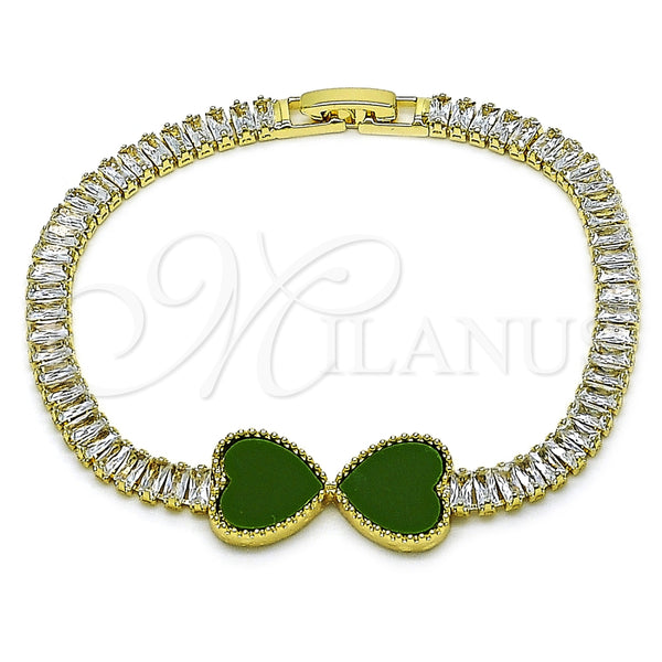 Pulsera Elegante 03.284.0050.07 Oro Laminado, Diseño de Corazón y Baguette, con Verde Claro Madre Perla and Blanca Zirconia Cubica, Pulido, Tono Dorado (05 MM Thickness, 7 Inches Length)