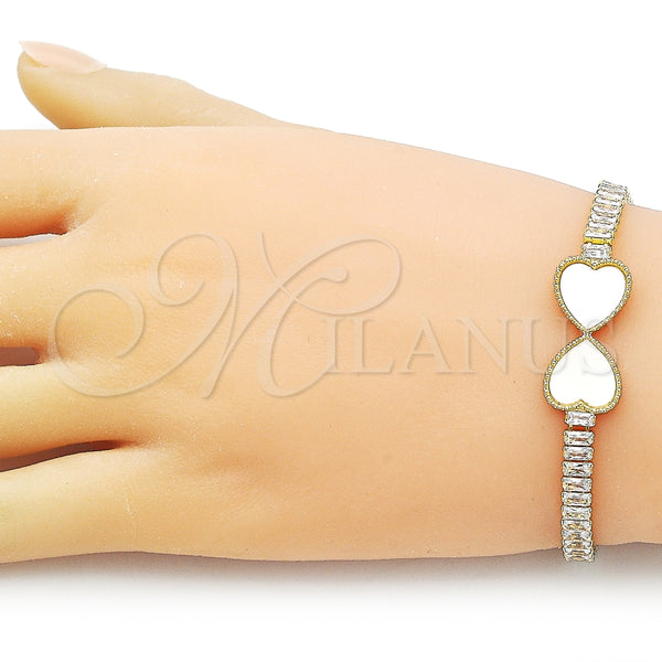 Pulsera Elegante 03.284.0050.2.07 Oro Laminado, Diseño de Corazón y Baguette, con Marfil Madre Perla and Blanca Zirconia Cubica, Pulido, Tono Dorado (05 MM Thickness, 7 Inches Length)