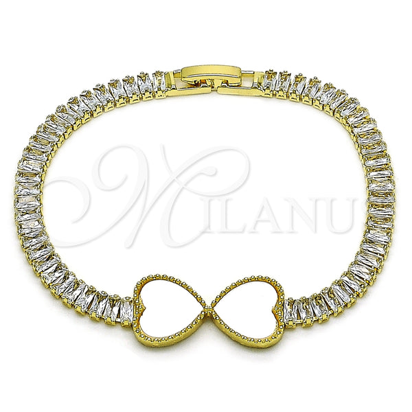Pulsera Elegante 03.284.0050.2.07 Oro Laminado, Diseño de Corazón y Baguette, con Marfil Madre Perla and Blanca Zirconia Cubica, Pulido, Tono Dorado (05 MM Thickness, 7 Inches Length)