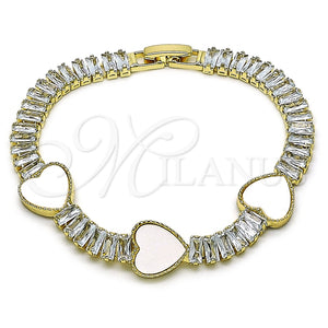 Pulsera Elegante 03.283.0423.3.07 Oro Laminado, Diseño de Corazón y Baguette, con Marfil Madre Perla and Blanca Zirconia Cubica, Pulido, Tono Dorado (06 MM Thickness, 7 Inches Length)