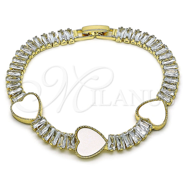 Pulsera Elegante 03.283.0423.3.07 Oro Laminado, Diseño de Corazón y Baguette, con Marfil Madre Perla and Blanca Zirconia Cubica, Pulido, Tono Dorado (06 MM Thickness, 7 Inches Length)