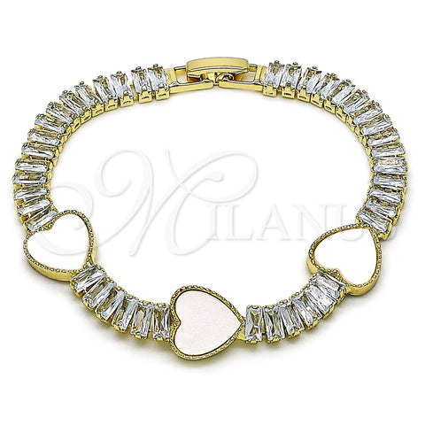 Pulsera Elegante 03.283.0423.3.07 Oro Laminado, Diseño de Corazón y Baguette, con Marfil Madre Perla and Blanca Zirconia Cubica, Pulido, Tono Dorado (06 MM Thickness, 7 Inches Length)