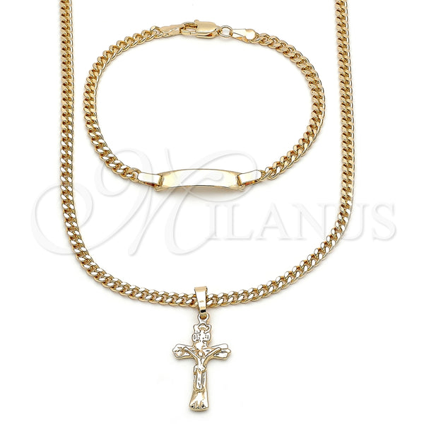 Collar y Pulsera 06.63.0273 Oro Laminado, Diseño de Crucifijo y Miami Cubana, Pulido, Tono Dorado