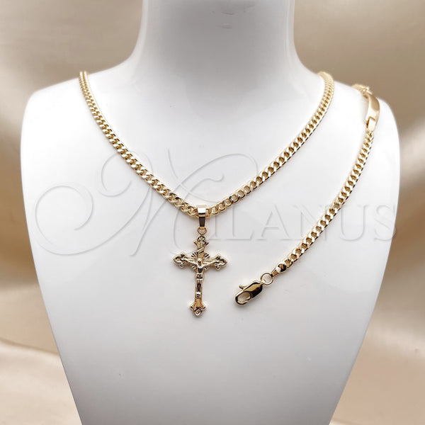 Collar y Pulsera 06.63.0274 Oro Laminado, Diseño de Crucifijo y Miami Cubana, Pulido, Tono Dorado