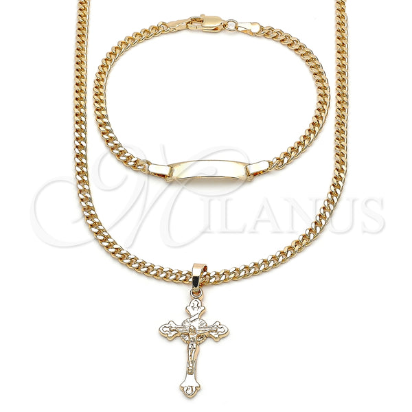 Collar y Pulsera 06.63.0274 Oro Laminado, Diseño de Crucifijo y Miami Cubana, Pulido, Tono Dorado