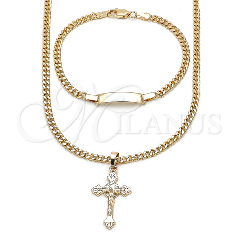 Collar y Pulsera 06.63.0274 Oro Laminado, Diseño de Crucifijo y Miami Cubana, Pulido, Tono Dorado