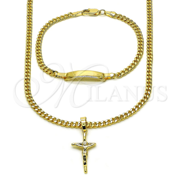 Collar y Pulsera 06.63.0275 Oro Laminado, Diseño de Crucifijo y Miami Cubana, Pulido, Tono Dorado