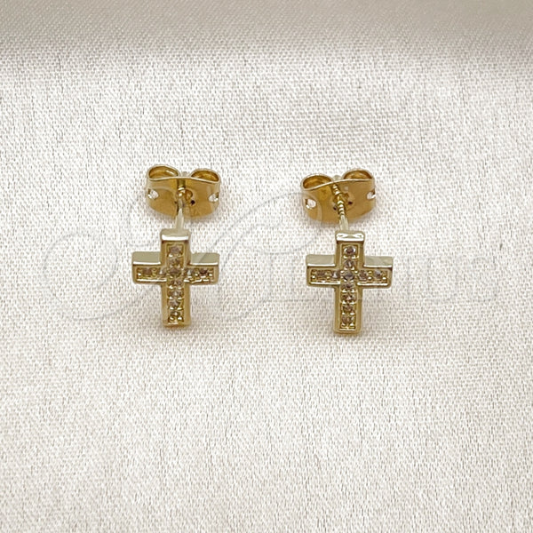 Arete Dormilona 02.411.0071 Oro Laminado, Diseño de Cruz, con Blanca Micro Pave, Pulido, Tono Dorado
