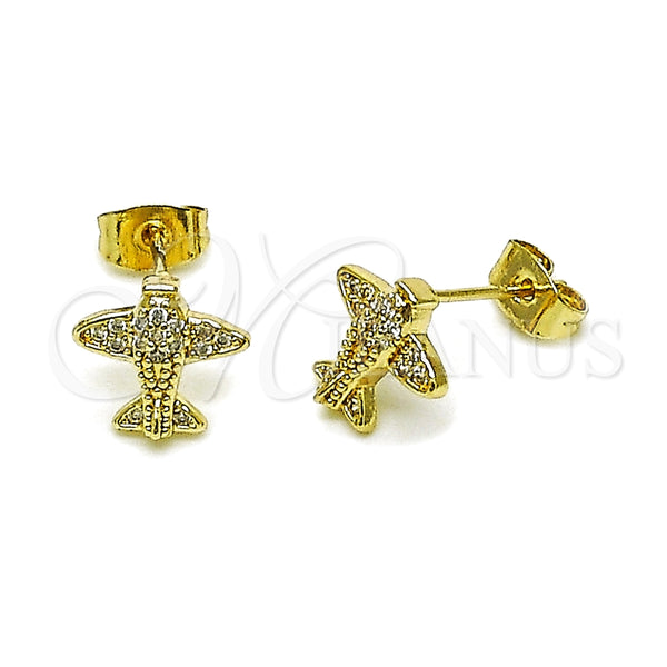 Arete Dormilona 02.411.0075 Oro Laminado, Diseño de Avión, con Blanca Micro Pave, Pulido, Tono Dorado