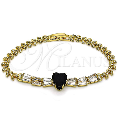 Pulsera Elegante 03.283.0304.5.07 Oro Laminado, Diseño de Corazón y Baguette, con Negro and Blanca Zirconia Cubica, Pulido, Tono Dorado (05 MM Thickness, 7 Inches Length)
