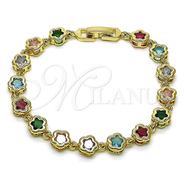 Pulsera Elegante 03.283.0442.07 Oro Laminado, Diseño de Flor, con Multicolor Zirconia Cubica, Pulido, Tono Dorado (07 MM Thickness, 7 Inches Length)