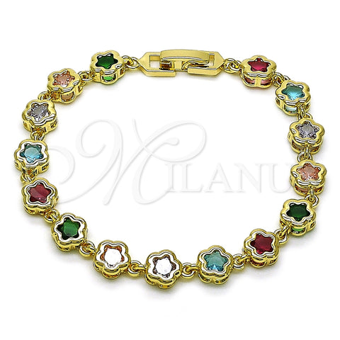 Pulsera Elegante 03.283.0442.07 Oro Laminado, Diseño de Flor, con Multicolor Zirconia Cubica, Pulido, Tono Dorado (07 MM Thickness, 7 Inches Length)