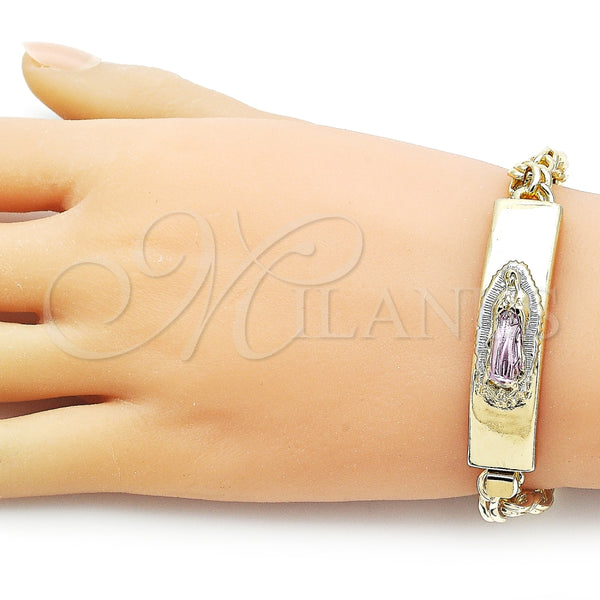 Pulsera con Placa 03.120.0012.08 Oro Laminado, Diseño de Guadalupe, Pulido, Tres Tonos (12 MM Thickness, 9 Inches Length)