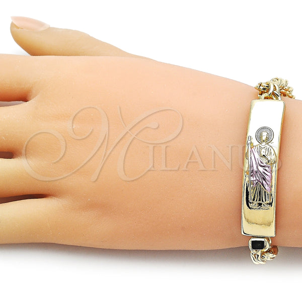 Pulsera con Placa 03.120.0013.08 Oro Laminado, Diseño de San Judas, Pulido, Tres Tonos (12 MM Thickness, 9 Inches Length)