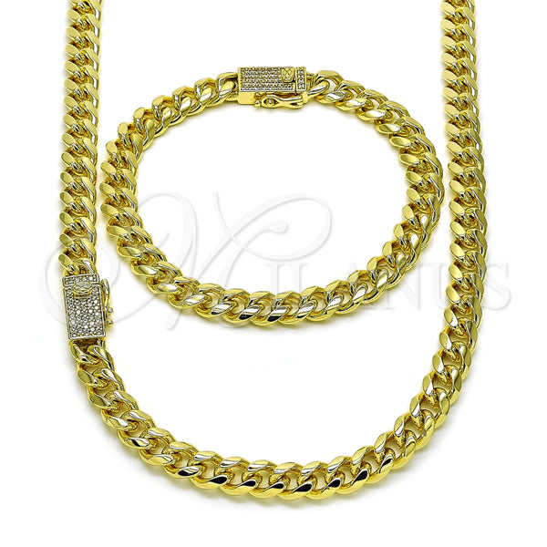 Collar y Pulsera 06.213.0028 Oro Laminado, Diseño de Miami Cubana, con Blanca Micro Pave, Pulido, Tono Dorado