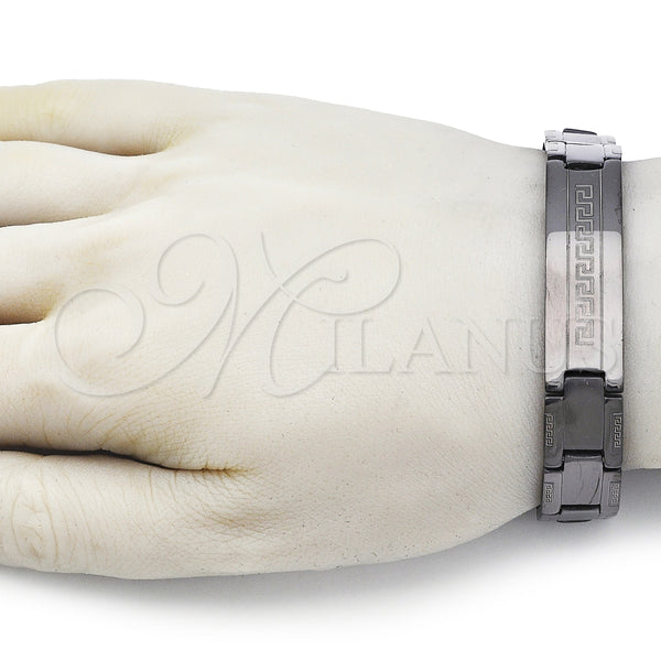 Pulsera Solida 03.114.0219.4.09 Acero Inoxidable, Diseño de Llave Griega, Pulido, Rodinado Negro (14 MM Thickness, 9 Inches Length)