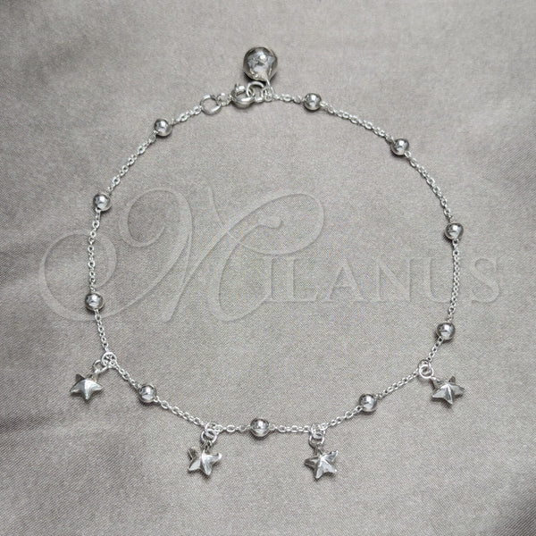 Tobillera de Dije 03.409.0041.10 Plata Rodinada, Diseño de Estrella y Bola, Pulido, Tono Plateado (Grosor 02 MM, 10 Pulgadas de Largo)