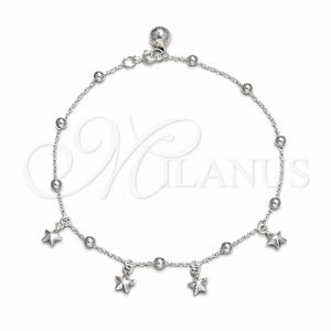 Tobillera de Dije 03.409.0041.10 Plata Rodinada, Diseño de Estrella y Bola, Pulido, Tono Plateado (Grosor 02 MM, 10 Pulgadas de Largo)