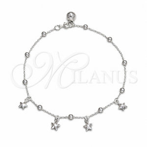 Tobillera de Dije 03.409.0041.10 Plata Rodinada, Diseño de Estrella y Bola, Pulido, Tono Plateado (Grosor 02 MM, 10 Pulgadas de Largo)