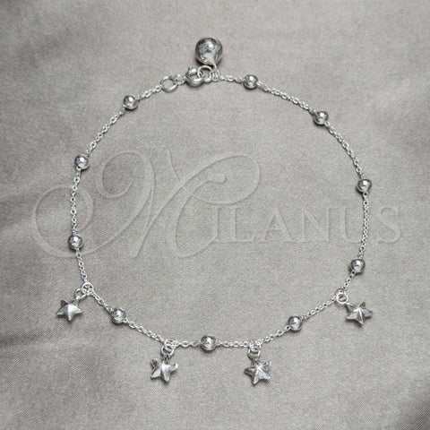 Tobillera de Dije 03.409.0041.10 Plata Rodinada, Diseño de Estrella y Bola, Pulido, Tono Plateado (Grosor 02 MM, 10 Pulgadas de Largo)