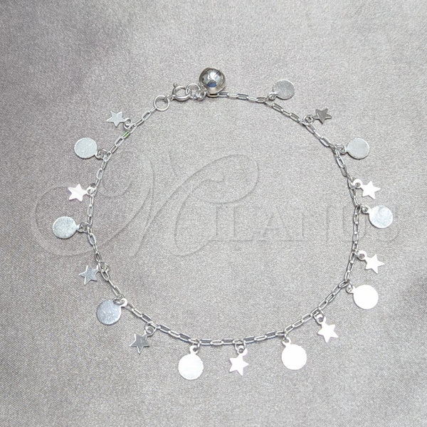 Tobillera de Dije 03.409.0042.10 Plata Rodinada, Diseño de Estrella y Bola, Pulido, Tono Plateado (Grosor 02 MM, 10 Pulgadas de Largo)