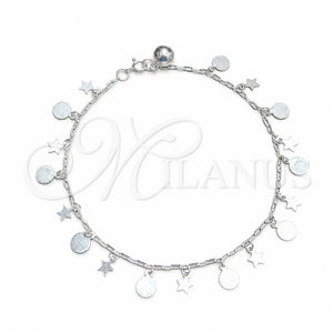 Tobillera de Dije 03.409.0042.10 Plata Rodinada, Diseño de Estrella y Bola, Pulido, Tono Plateado (Grosor 02 MM, 10 Pulgadas de Largo)
