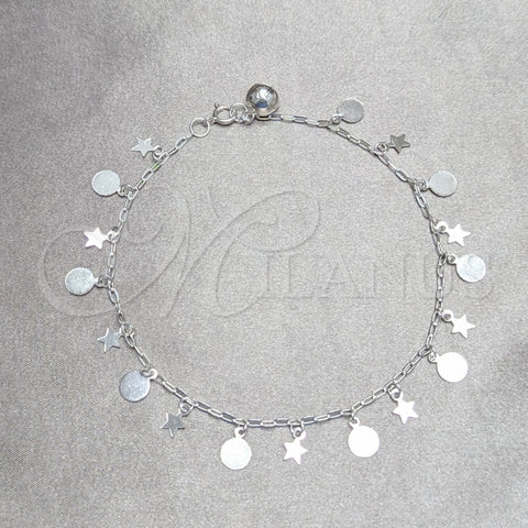 Tobillera de Dije 03.409.0042.10 Plata Rodinada, Diseño de Estrella y Bola, Pulido, Tono Plateado (Grosor 02 MM, 10 Pulgadas de Largo)
