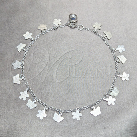 Tobillera de Dije 03.409.0043.10 Plata Rodinada, Diseño de Mariposa y Bola, Pulido, Tono Plateado (Grosor 02 MM, 10 Pulgadas de Largo)