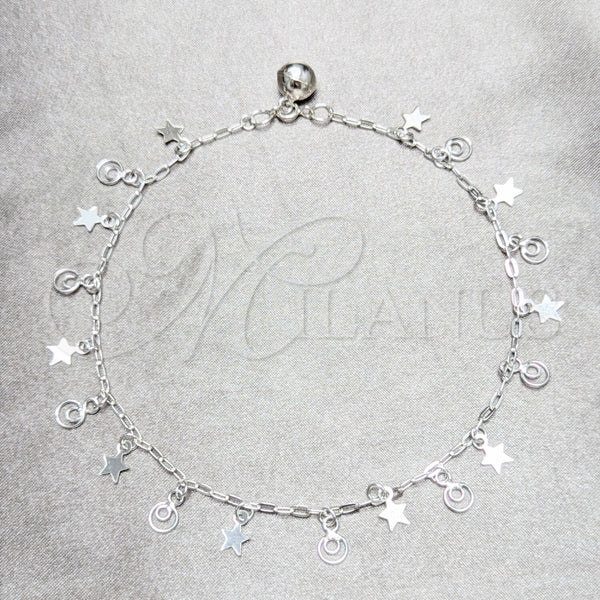 Tobillera de Dije 03.409.0044.10 Plata Rodinada, Diseño de Estrella, Pulido, Tono Plateado (Grosor 03 MM, 10 Pulgadas de Largo)
