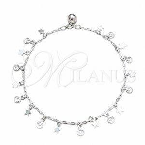Tobillera de Dije 03.409.0044.10 Plata Rodinada, Diseño de Estrella, Pulido, Tono Plateado (Grosor 03 MM, 10 Pulgadas de Largo)
