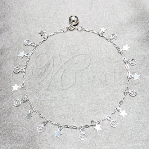 Tobillera de Dije 03.409.0044.10 Plata Rodinada, Diseño de Estrella, Pulido, Tono Plateado (Grosor 03 MM, 10 Pulgadas de Largo)