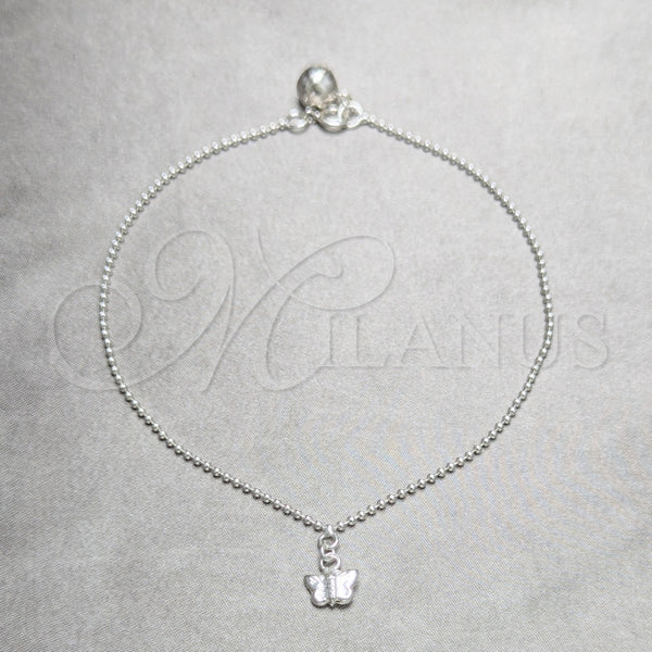 Tobillera de Dije 03.409.0045.10 Plata Rodinada, Diseño de Mariposa y Bola, Pulido, Tono Plateado (Grosor 02 MM, 10 Pulgadas de Largo)