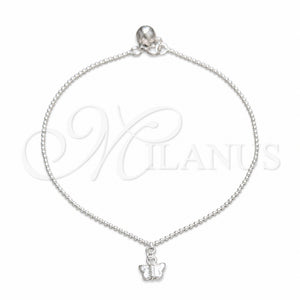 Tobillera de Dije 03.409.0045.10 Plata Rodinada, Diseño de Mariposa y Bola, Pulido, Tono Plateado (Grosor 02 MM, 10 Pulgadas de Largo)