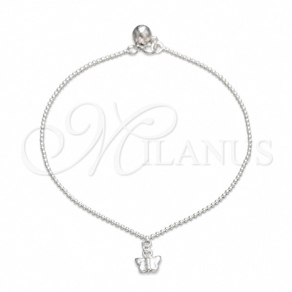 Tobillera de Dije 03.409.0045.10 Plata Rodinada, Diseño de Mariposa y Bola, Pulido, Tono Plateado (Grosor 02 MM, 10 Pulgadas de Largo)