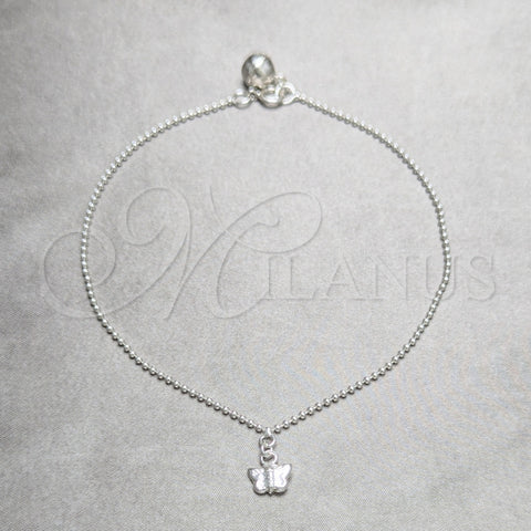 Tobillera de Dije 03.409.0045.10 Plata Rodinada, Diseño de Mariposa y Bola, Pulido, Tono Plateado (Grosor 02 MM, 10 Pulgadas de Largo)