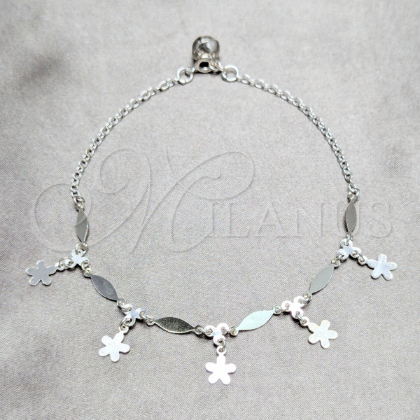 Tobillera de Dije 03.409.0046.10 Plata Rodinada, Diseño de Flor y Diamante, Pulido, Tono Plateado (Grosor 02 MM, 10 Pulgadas de Largo)
