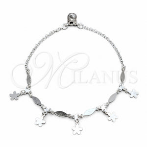 Tobillera de Dije 03.409.0046.10 Plata Rodinada, Diseño de Flor y Diamante, Pulido, Tono Plateado (Grosor 02 MM, 10 Pulgadas de Largo)