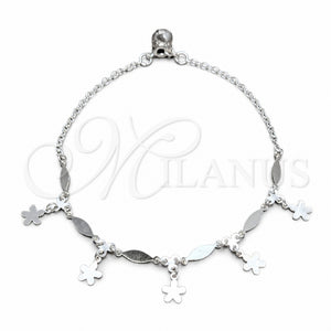 Tobillera de Dije 03.409.0046.10 Plata Rodinada, Diseño de Flor y Diamante, Pulido, Tono Plateado (Grosor 02 MM, 10 Pulgadas de Largo)