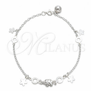 Tobillera de Dije 03.409.0047.10 Plata Rodinada, Diseño de Flor y Elefante, Pulido, Tono Plateado (Grosor 02 MM, 10 Pulgadas de Largo)