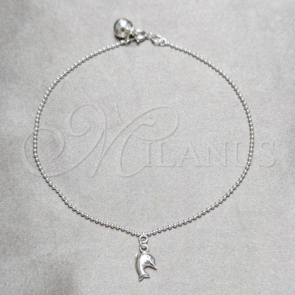 Tobillera de Dije 03.409.0048.10 Plata Rodinada, Diseño de Delfín y Bola, Pulido, Tono Plateado (Grosor 02 MM, 10 Pulgadas de Largo)
