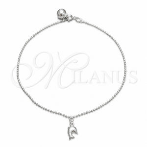 Tobillera de Dije 03.409.0048.10 Plata Rodinada, Diseño de Delfín y Bola, Pulido, Tono Plateado (Grosor 02 MM, 10 Pulgadas de Largo)