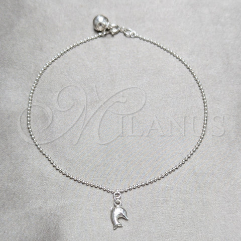 Tobillera de Dije 03.409.0048.10 Plata Rodinada, Diseño de Delfín y Bola, Pulido, Tono Plateado (Grosor 02 MM, 10 Pulgadas de Largo)
