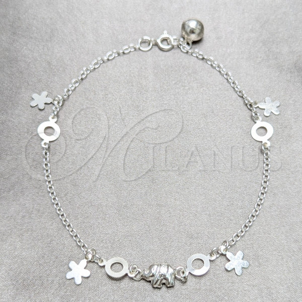 Tobillera de Dije 03.409.0050.10 Plata Rodinada, Diseño de Flor y Elefante, Pulido, Tono Plateado (Grosor 02 MM, 10 Pulgadas de Largo)