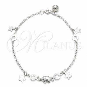 Tobillera de Dije 03.409.0050.10 Plata Rodinada, Diseño de Flor y Elefante, Pulido, Tono Plateado (Grosor 02 MM, 10 Pulgadas de Largo)