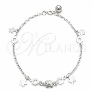 Tobillera de Dije 03.409.0050.10 Plata Rodinada, Diseño de Flor y Elefante, Pulido, Tono Plateado (Grosor 02 MM, 10 Pulgadas de Largo)