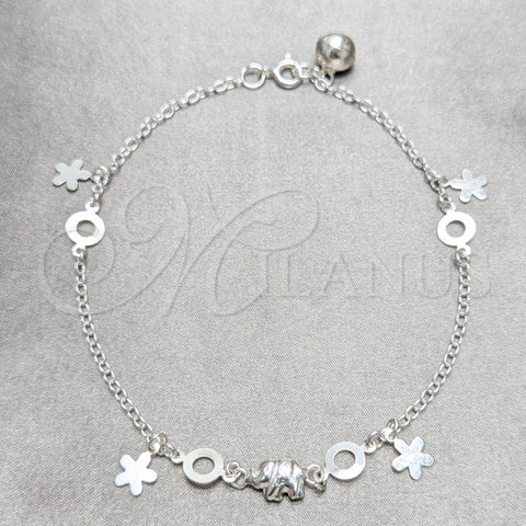 Tobillera de Dije 03.409.0050.10 Plata Rodinada, Diseño de Flor y Elefante, Pulido, Tono Plateado (Grosor 02 MM, 10 Pulgadas de Largo)