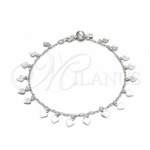 Tobillera de Dije 03.409.0051.10 Plata Rodinada, Diseño de Corazón, Pulido, Tono Plateado (Grosor 02 MM, 10 Pulgadas de Largo)